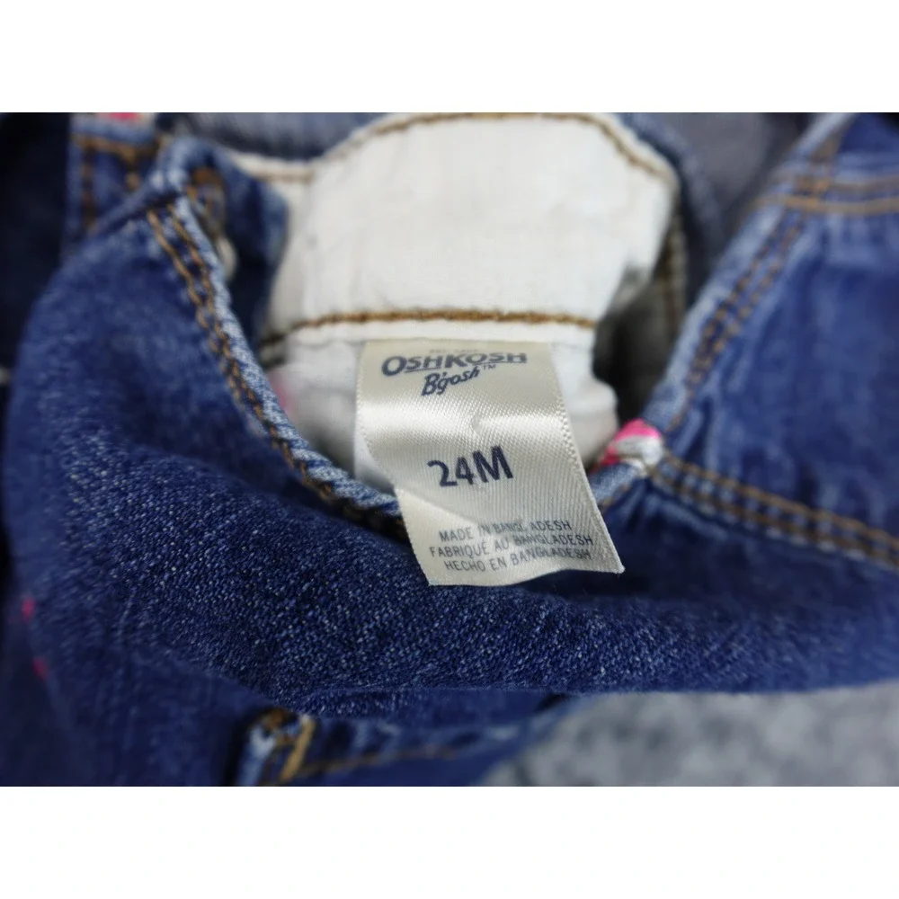 OshKosh Bgosh Toddler Girls Heart Embroidered Denim Shortalls Blue 24M Excellent